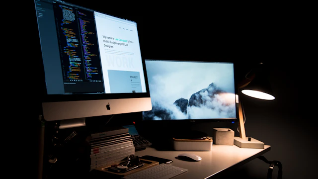 Website displayed on a desktop computer in a bright workspace